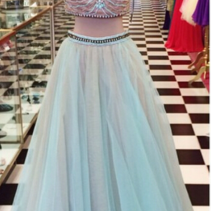Two Pieces Tulle Prom Dresses Crew Neck Beading..