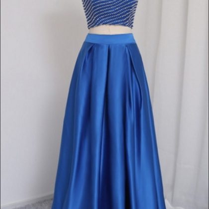 Two Pieces Long Satin Prom Dresses Halter Neck..
