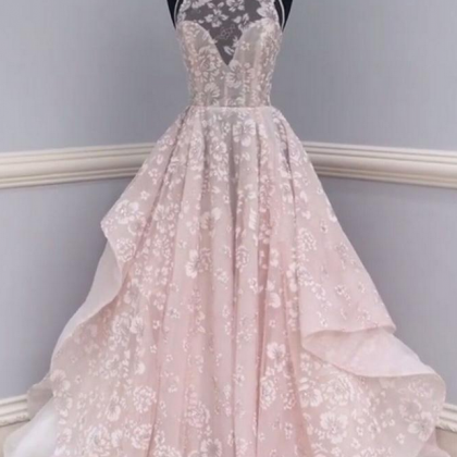 Pretty Round Neck Lace Long Prom Dress, Wedding..