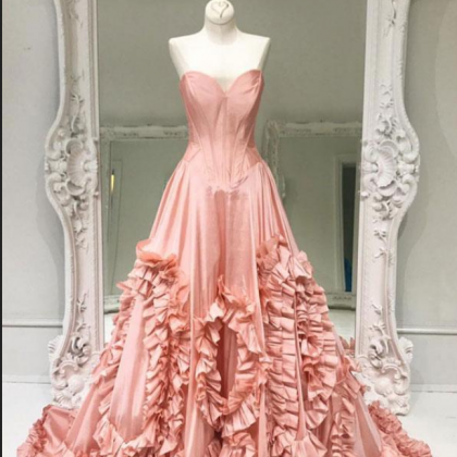 Unique Pink Satin Long Prom Dress, Pink Evening..
