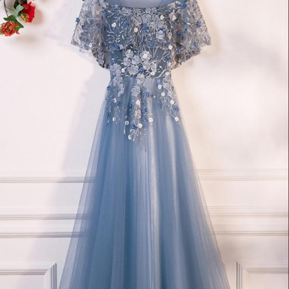 Blue Round Neck Tulle Lace Long Prom Dress, Blue..