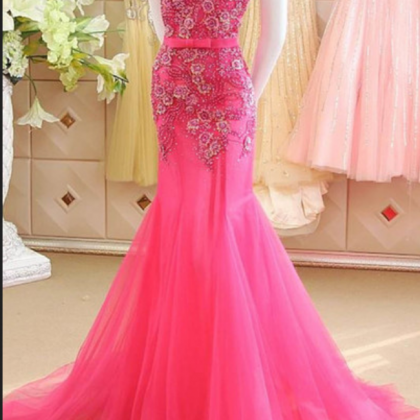 Pink Long Mermaid Halter Formal Prom Dress, Tulle..