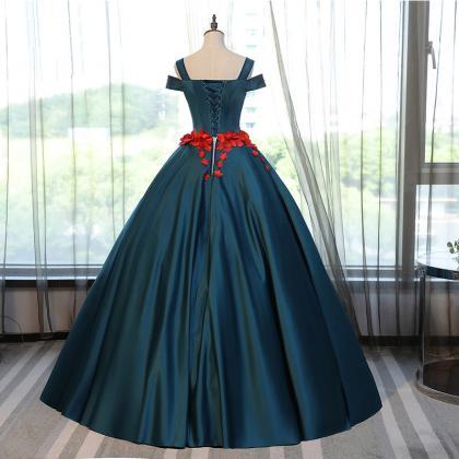Simple Deep Green Floral Prom Gown Off Shoulder..