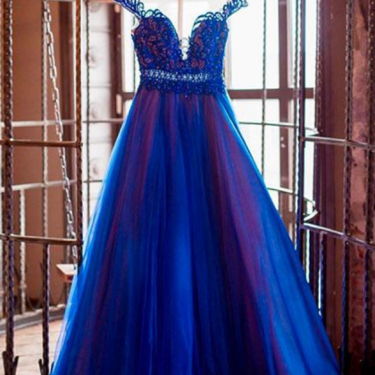 Blue Round Neck Tulle Long Prom Dress, Blue..