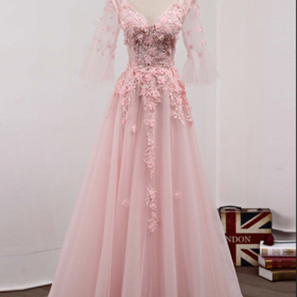 Sweet Pink A-line Applique Tulle Long Prom Dress..