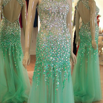 Mint Tulle Sparkly Rhinestone Beaded Prom Dresses..