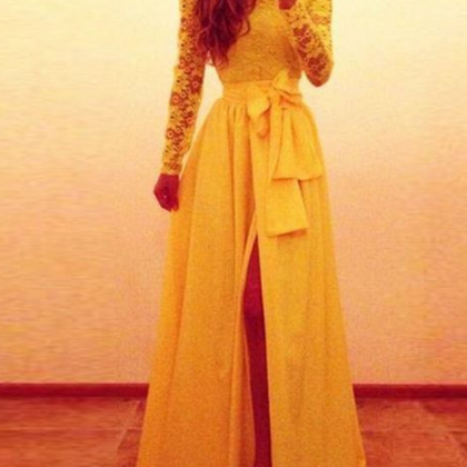 Sexy Prom Dress,yellow Long Sleeves Lace Prom..