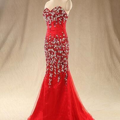 Red Model Beaded Mermaid Dress Fashion Slim..