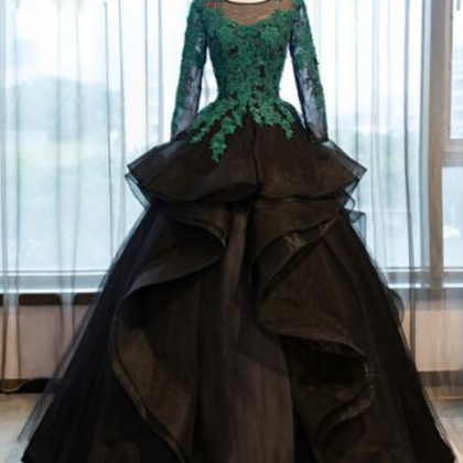 Black Long Sleeve Prom Dresses Costume Applique..
