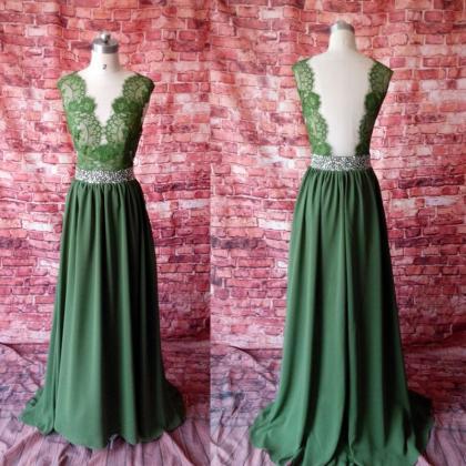 Green Prom Dress,fashion V Neck Backless Top Lace..