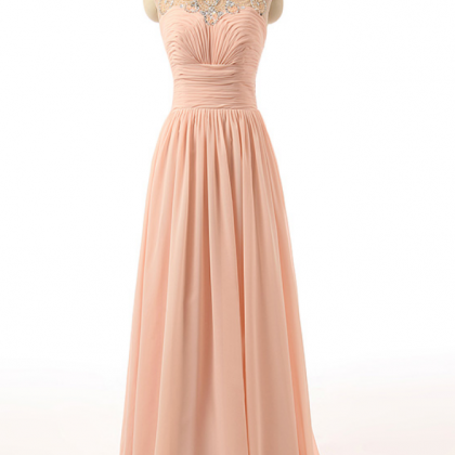 Peach Crystals Chiffon Prom Dresses Long High Neck..