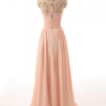 Peach Crystals Chiffon Prom Dresses Long High Neck..