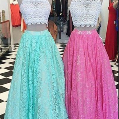 Lace Two Pieces Round Neck A-line Long Prom Dress..