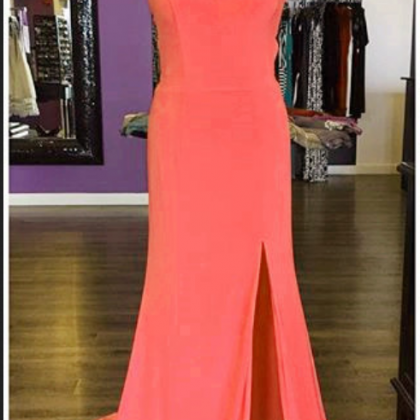 Long Jersey Coral Pink Mermaid Prom Dresses With..