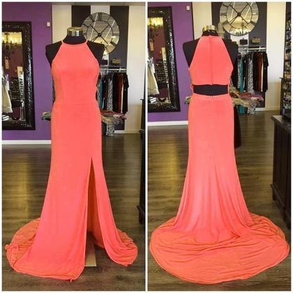 Long Jersey Coral Pink Mermaid Prom Dresses With..