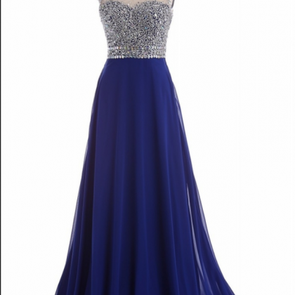 Sleeveless Blue Prom Dress,beading Prom..