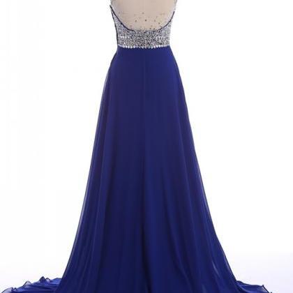 Sleeveless Blue Prom Dress,beading Prom..