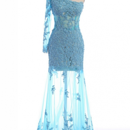 One Shoulder Prom Dress,blue Applique Prom..