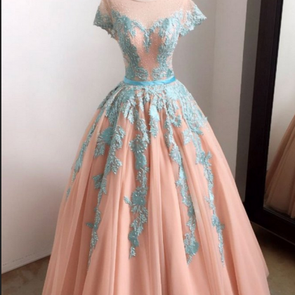 Elegant Blue Lace Tulle Long Prom Dress, Tulle..