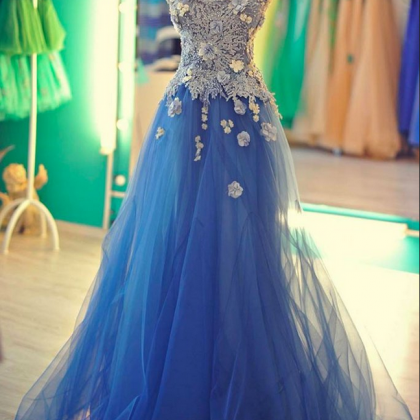 Unique Lace Applique Tulle Blue Long Prom Dress,..