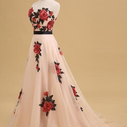 Prom Dresses ,rose Embroidered Floor Length..