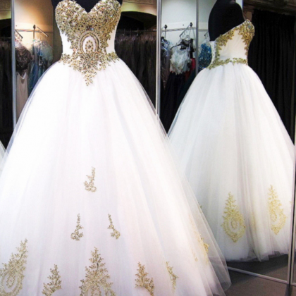 Ball Gown Wedding Dresses Gold Lace Appliques..