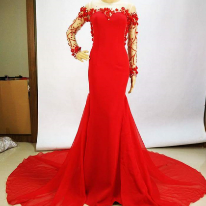 Sexy Red Long Sleeve Beaded Chiffon Long Prom..