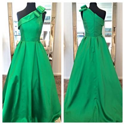Green Long Satin One Shoulder Prom Party Dresses A..