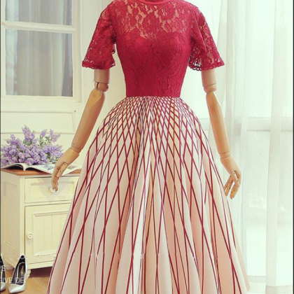 Unique Red Lace Tea Length Prom Dress, Red Lace..