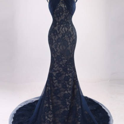 Dark Navy Backless Lace Tulle Court Train Ruffles..
