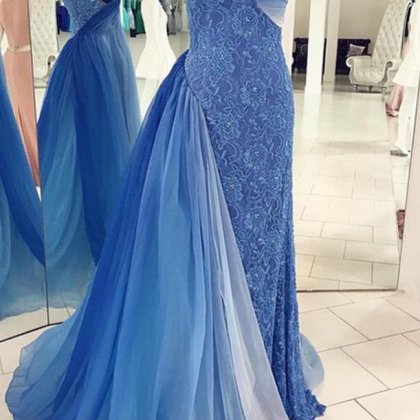 Unique Blue Chiffon Lace Long Dresses,one Shoulder..