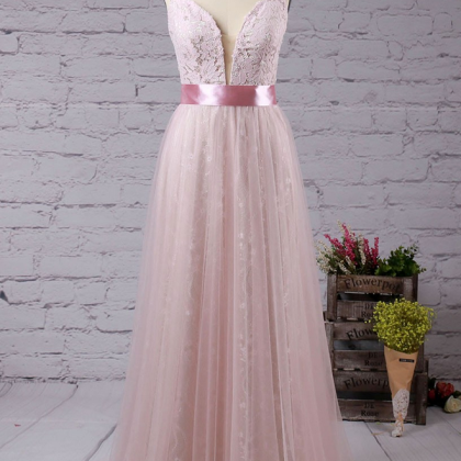 A-line V-neck Lace Tulle Sweep Train With Sashes /..