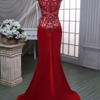 High Neck Vintage Red Lace Evening Dress, Long..
