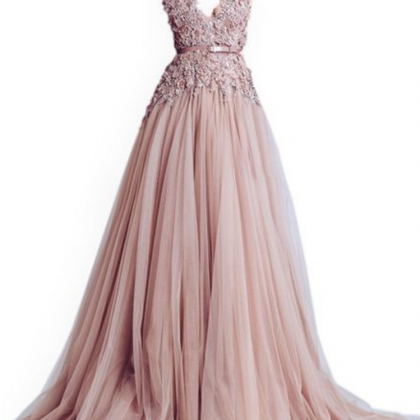 Plunging V-neck Tulle Floor-length Dress With Lace..