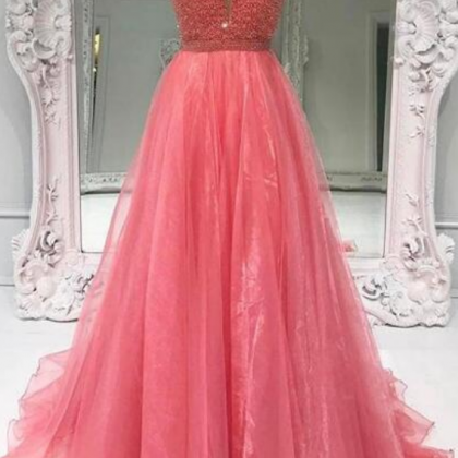 Coral A-line Prom Dress, Sexy Prom Dresses, Tulle..