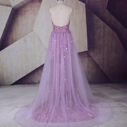 Strapless Light Purple Long Beaded Sequins Prom..