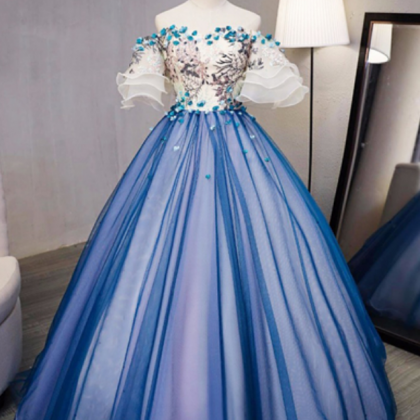 Design Blue Tulle Swetheart Long Prom Gown, Short..