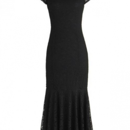 Black Mermaid Laced Prom Dress With Short Sleeves