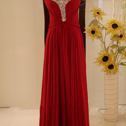Scoop Neck Long Red Chiffon Prom Dresses Crystals..