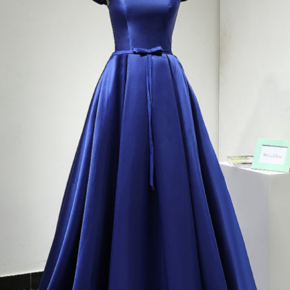 Off Shoulder Dark Blue Satin Prom Dresses Custom..