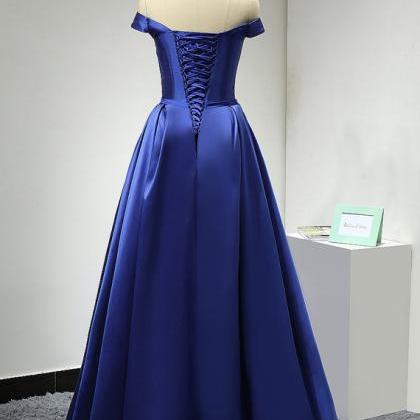 Off Shoulder Dark Blue Satin Prom Dresses Custom..