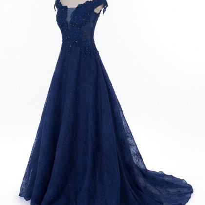 Custom Made Navy Blue Off Shoulder Lace Long Prom..