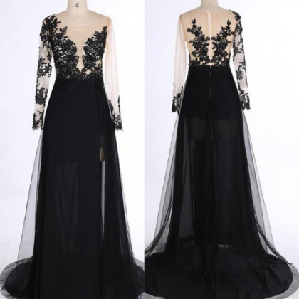 Black Long Sleeves Prom Dress,see-through V-neck..