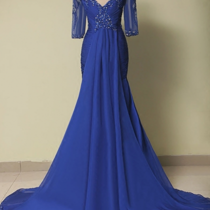 Royal Blue Long Sleeve Mermaid Evening Dresses..