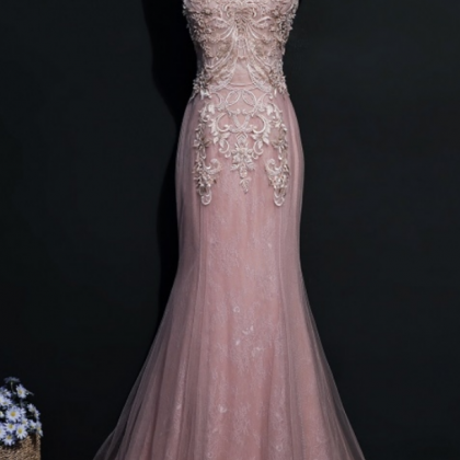 Pink Long Lace Mermaid Evening Dresses Party..