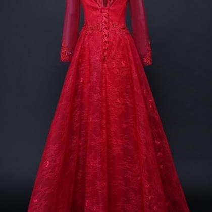 The Red Long Sleeve Lace Dress At Formal Dress..