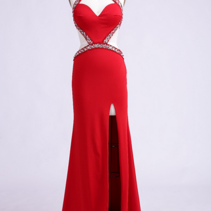 Red Halter Cut Out Mermaid Long Prom Evening Dress..