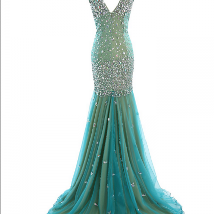 V-neck Mermaid Long Prom Evening Dress With..