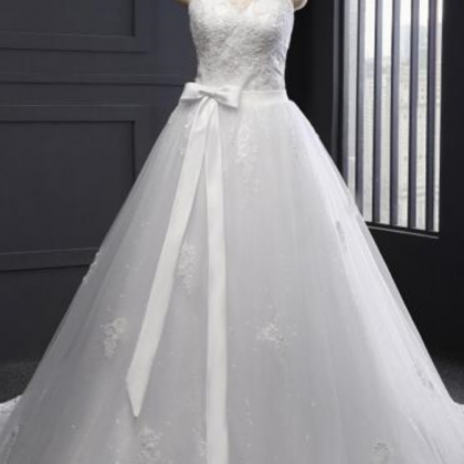High Neck A-line Lace Wedding Dress With Chapel..