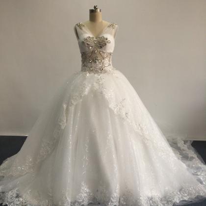 Luxury V Neck Wedding Dress,beaded Crystals..